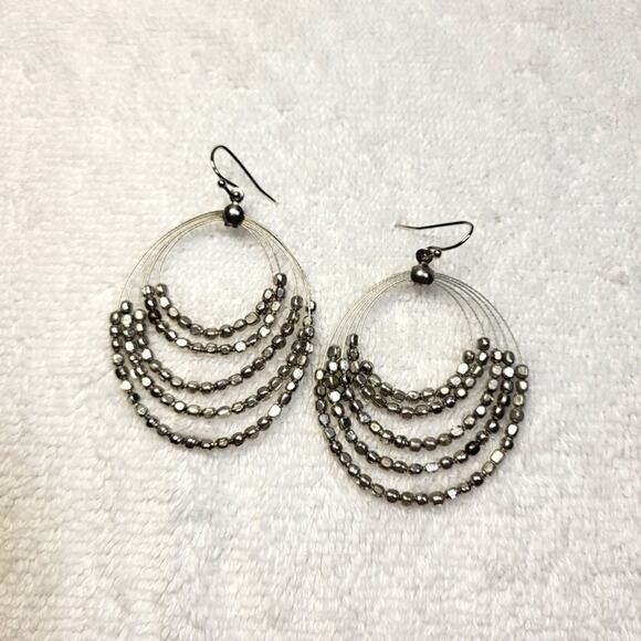 Silver Seed Bead Wire Dangle Statement Earrings - Pierced - Picture 1 of 4